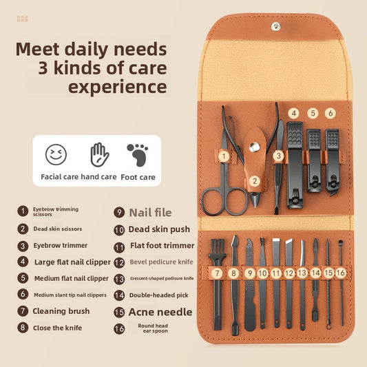 16-piece nail clippers set with leather case